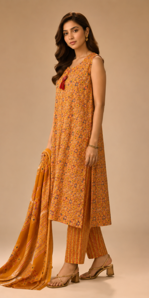 Premium Mustard Ajarakh Artisan Suit Set with Printed Straight Kurta, Coordinated Pants and Traditional Cotton Dupatta for Women