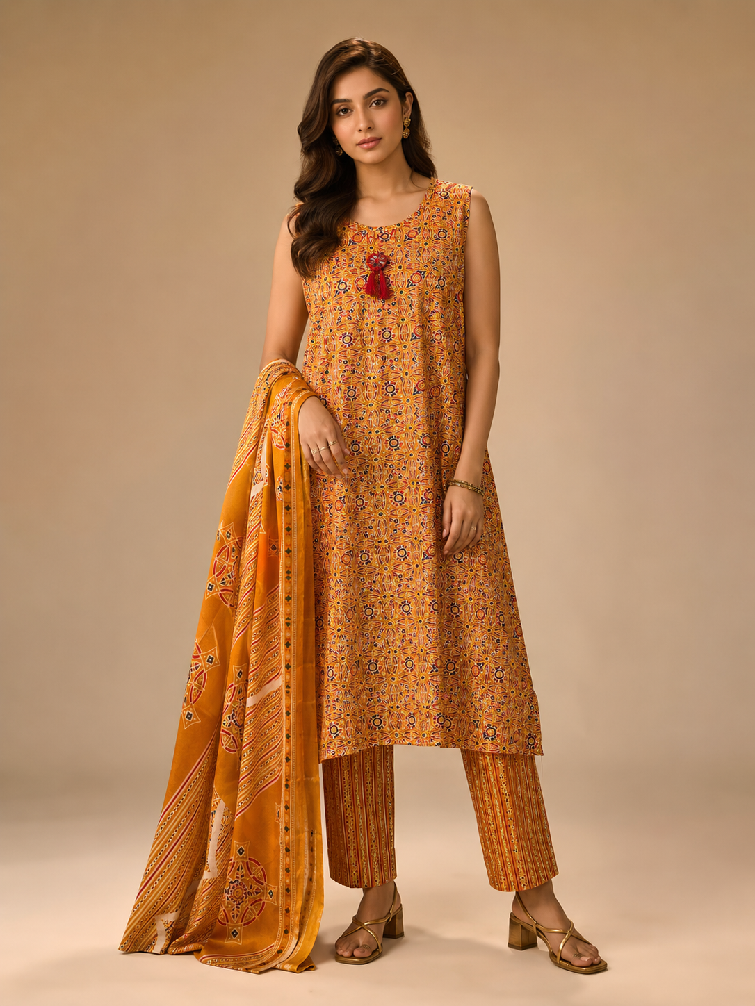 yellow cotton Premium Mustard Ajarakh Artisan Suit Set with Printed Straight Kurta, Coordinated Pants and Traditional Cotton Dupatta for Women