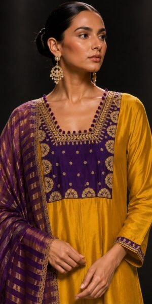 Golden Regal Radiance Set with royal purple embroidered yoke, straight-leg pants, and dual-tone tissue dupatta with zari stripes for festive and wedding wear.