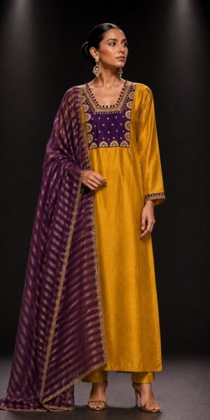 Golden Regal Radiance Set with royal purple embroidered yoke, straight-leg pants, and dual-tone tissue dupatta with zari stripes for festive and wedding wear.